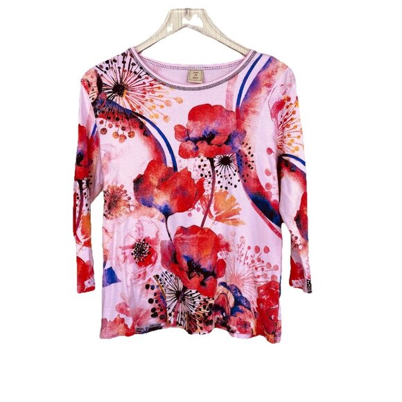 Jess And Jane Size XL Colorful Pink Purple Floral Print Cotton Top 3/4 Sleeves - Picture 1 of 7